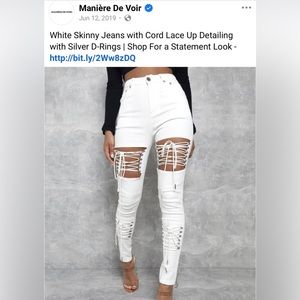 Maniere De Voir White skinny jeans with lace up detail, EU SIZE 8, New w Tags